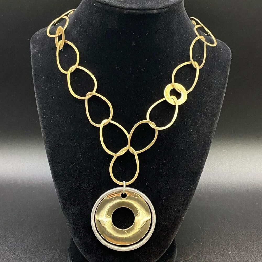 Gold and Silver Tone Disc and Teardrop Chain Necklace